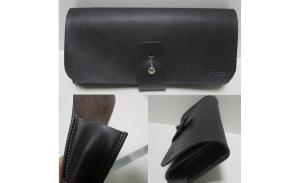 hot sale real leather black glasses case, soft leather large size sun glasses case with metal clip